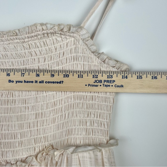 Cream Ruffle Smocked Dress Apx Size XS Boho Summer Fairycore Mini Gold Tie 0104 - Picture 4 of 7